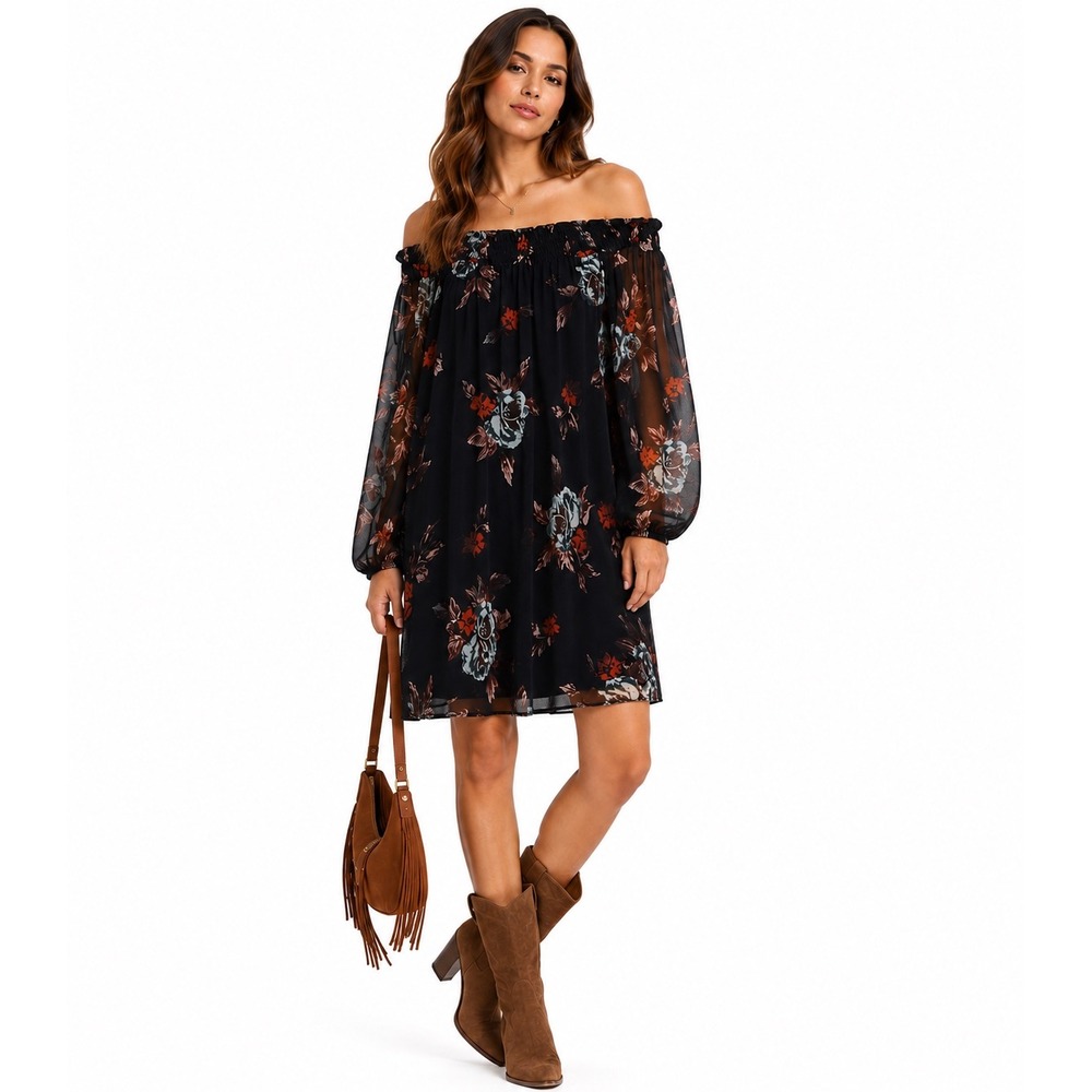 Shyanne Floral Mini Dress Womens M Black Off Shoulder Sheer Sleeve Boho Western